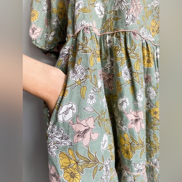 Cynthia Rowley Linen Babydoll Dress Puff Sleeves Floral Boho Green Pink Resort M - Picture 4 of 11